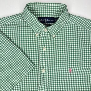 Polo Ralph Lauren Short Sleeve Shirt Men's Medium Light Green Gingham Plaid VTG